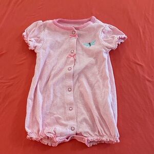 Pink Striped Baby Romper with Dragonfly Embroidery